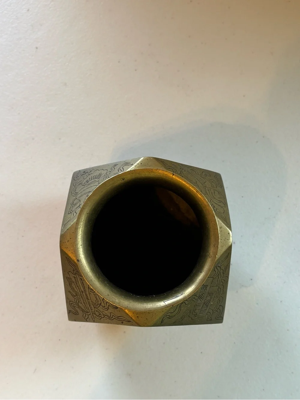 Antique 1940s Brass Hexagonal Decorative Vase - Brass Finish
